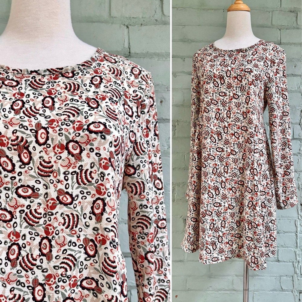Cream and Brown Abstract Floral Long Sleeve Shift Dress